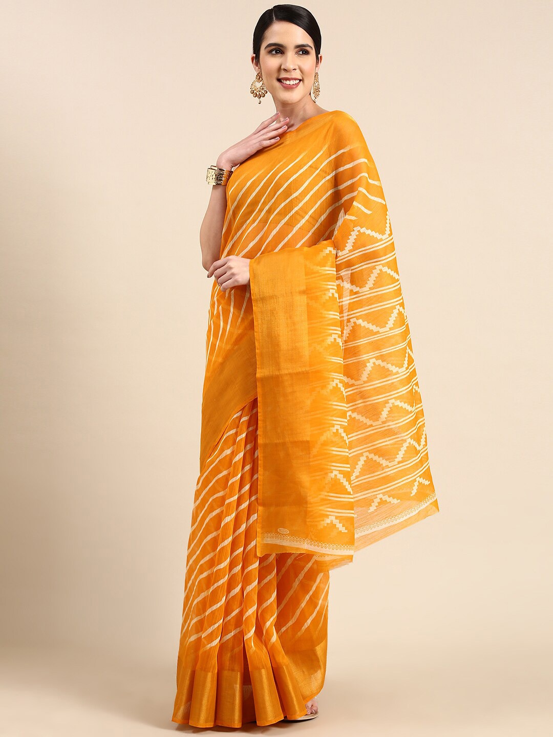 

Anouk Striped Zari Bordered Bandhani Saree, Yellow