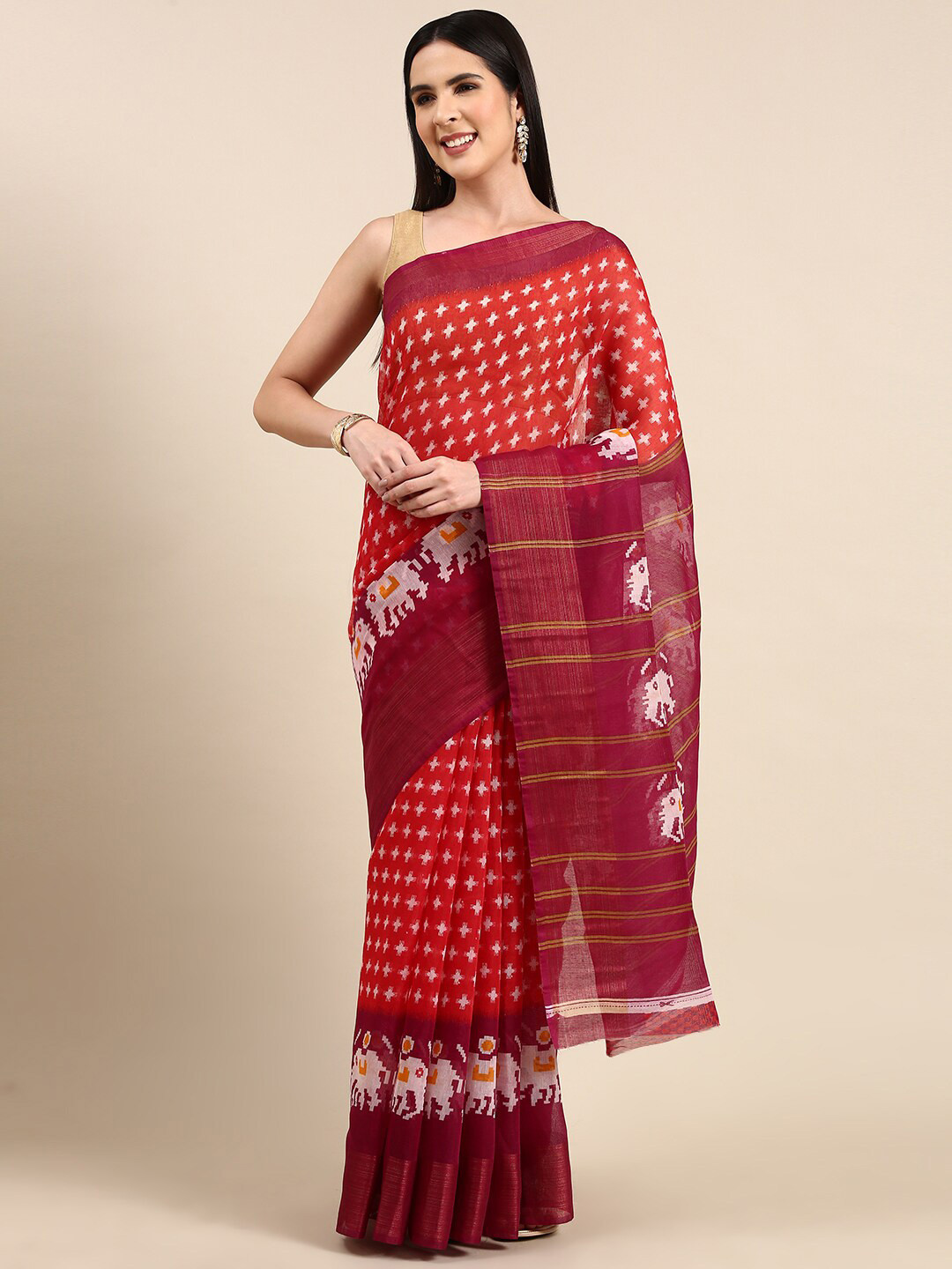 

Anouk Ethnic Motifs Printed Ikat Saree, Red
