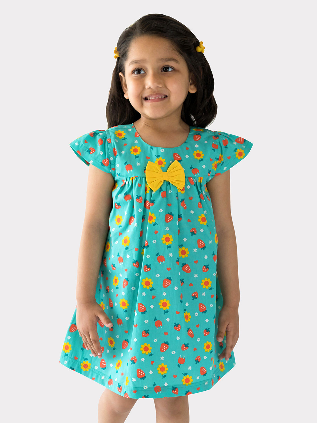 

Campana Girls Round Neck Floral Printed Cotton A-Line Dress, Turquoise blue