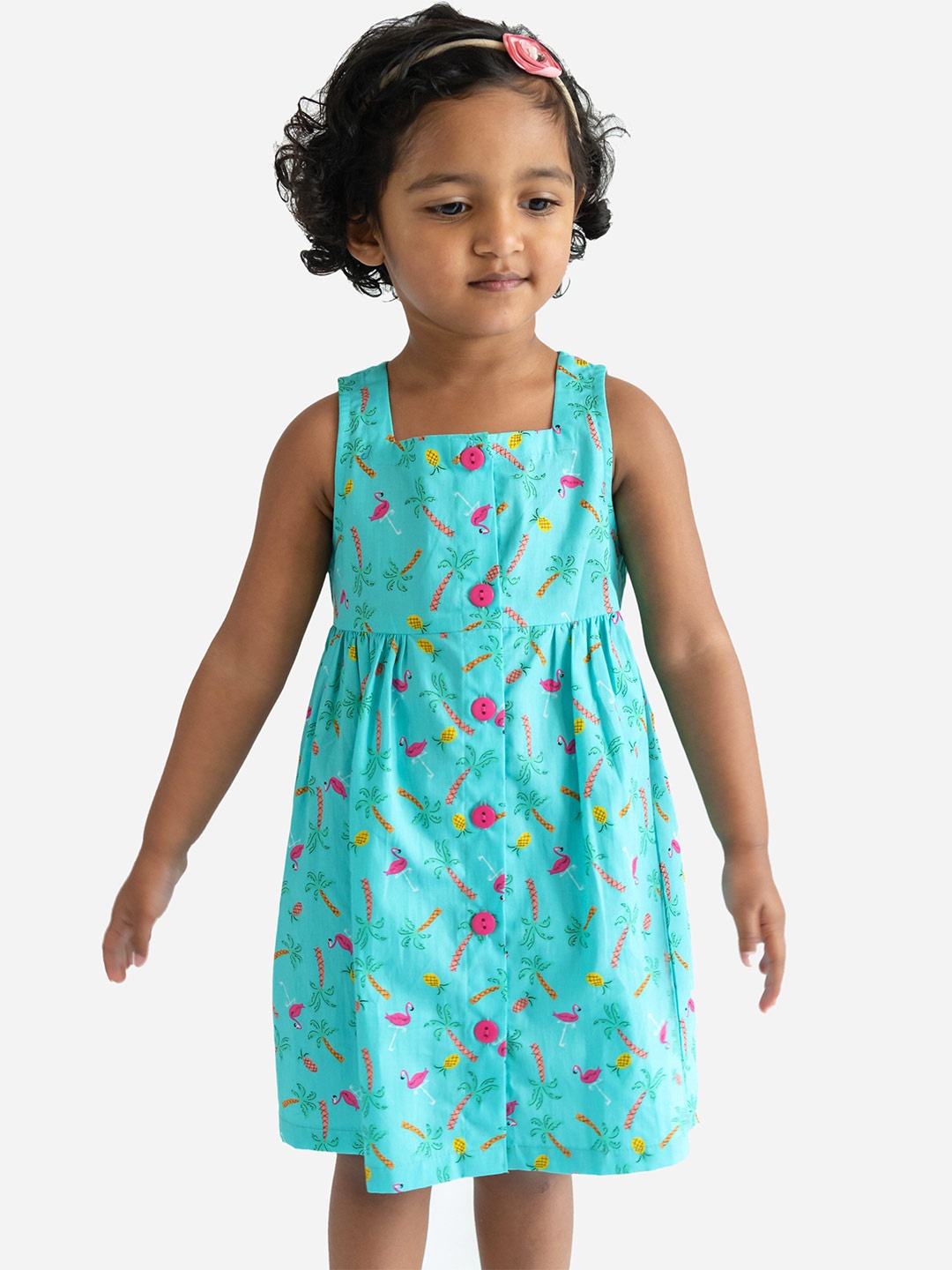 Campana Girls Cotton Sleeveless Knee Length Fit and Flare Printed Dress, Turquoise blue