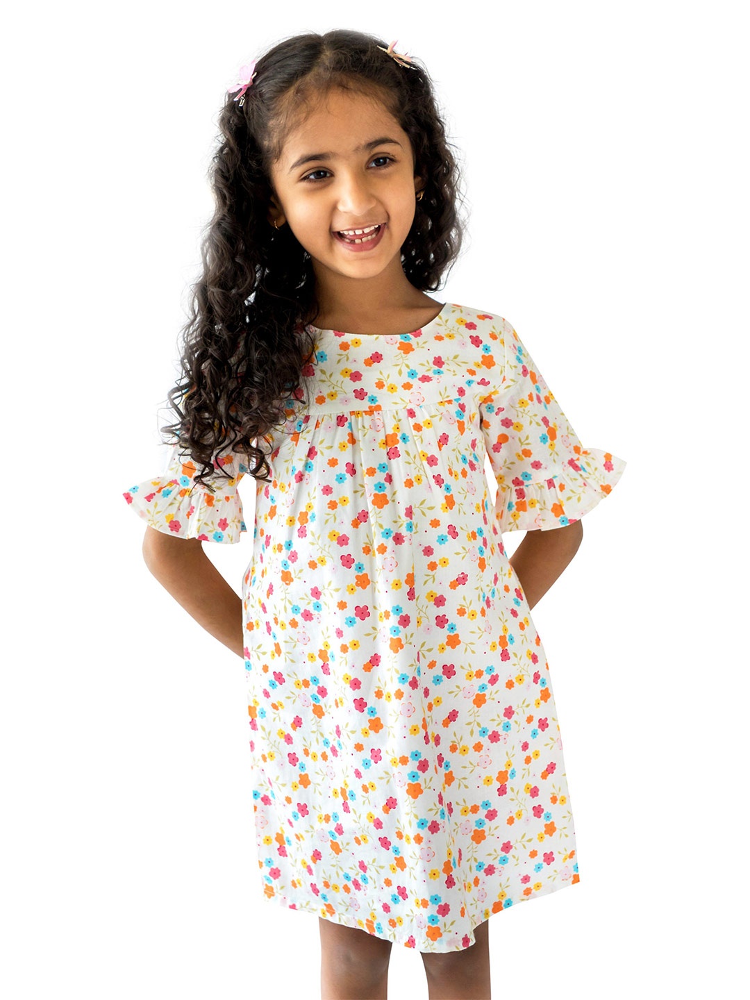 

Campana Girls Round Neck Floral Printed Cotton A-Line Dress, Off white