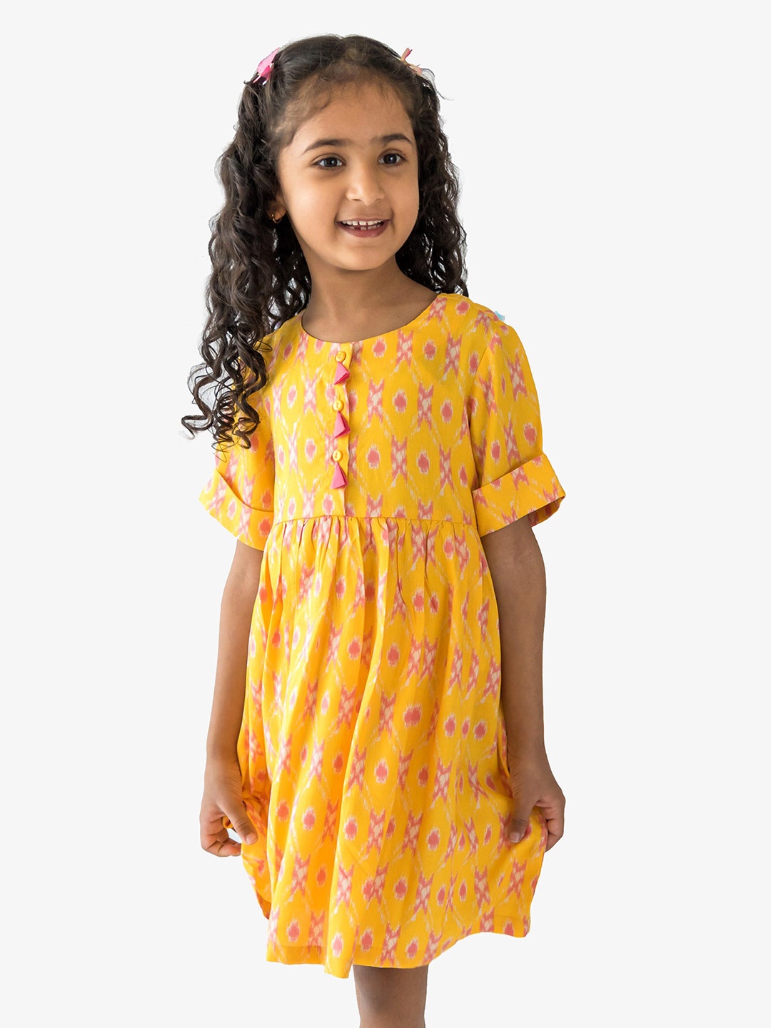 

Campana Girls Round Neck Ethnic Motifs Printed Fit And Flare Dress, Yellow