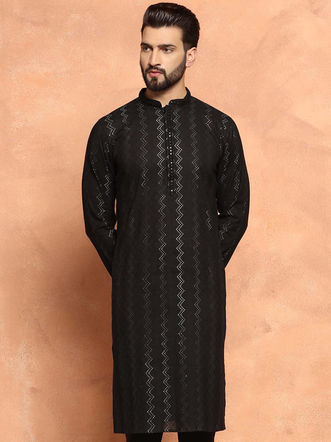 KISAH Geometric Embroidered Mandarin Collar Cotton Straight Kurta, Black