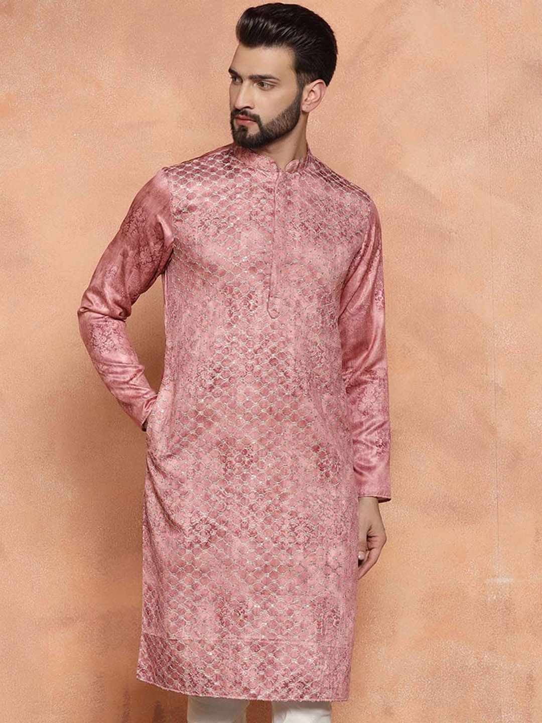 

KISAH Men Embroidered Regular Fit Sequinned Kurta, Pink