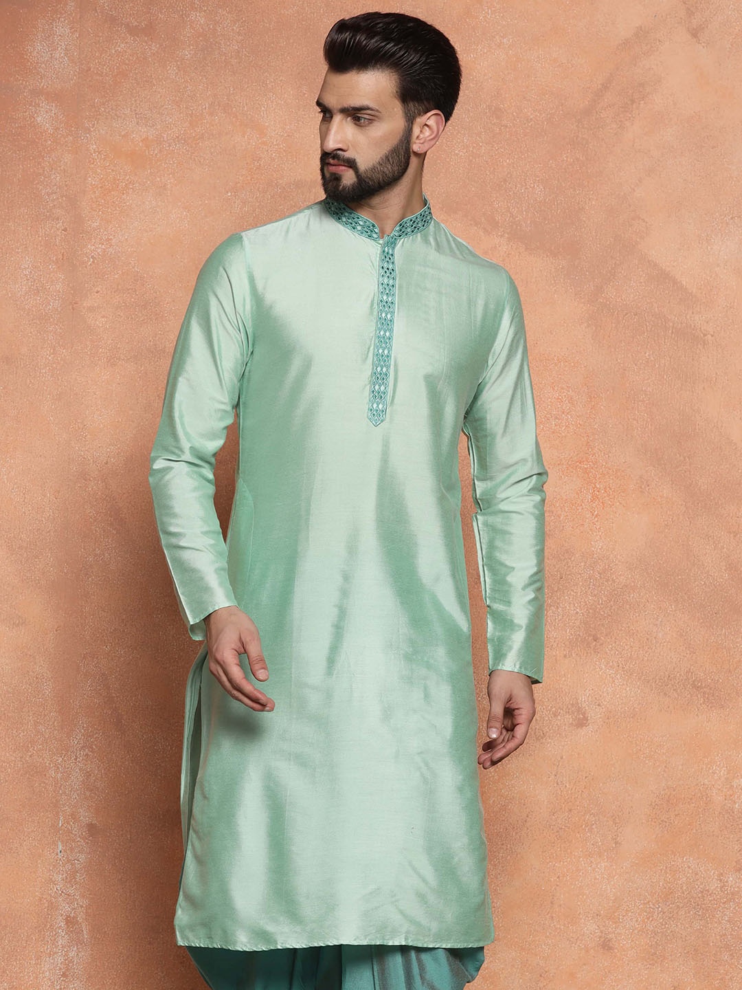 KISAH Mandarin Collar Thread Work Straight Kurta, Green