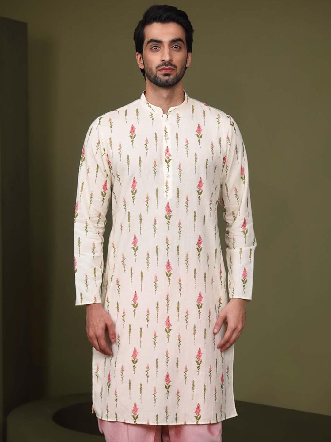

KISAH Men Cream-Coloured & Pink Floral Kurta