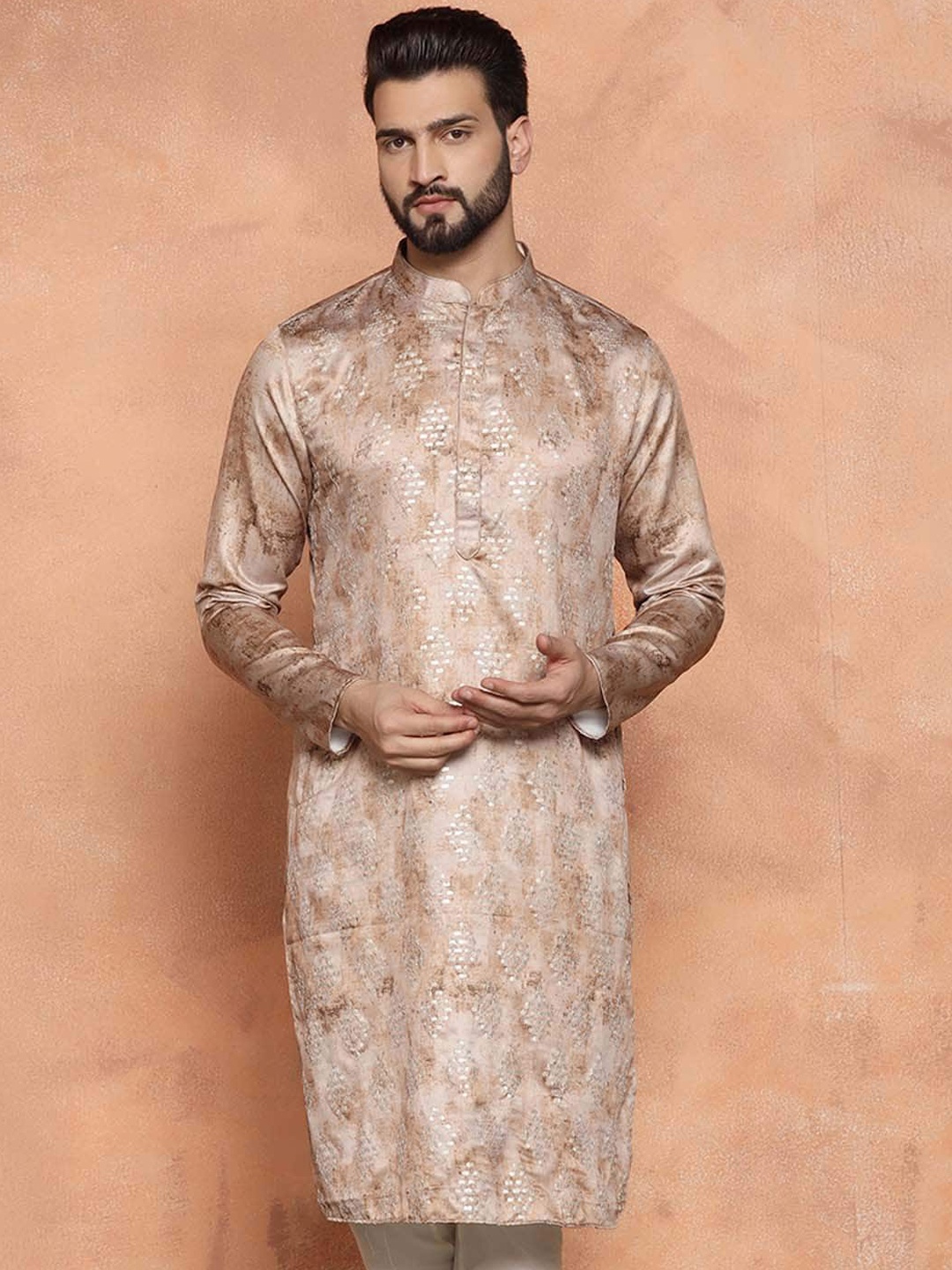 

KISAH Abstract Printed Mandarin Collar Sequinned Straight Kurta, Brown