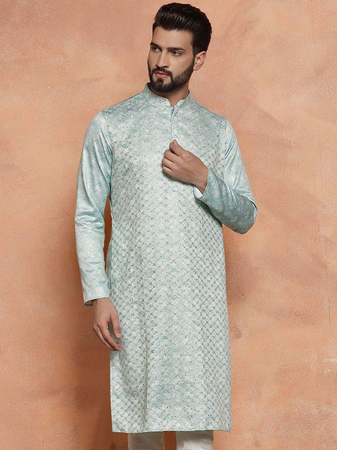 

KISAH Mandarin Collar Floral Printed Sequined Straight Kurta, Sea green