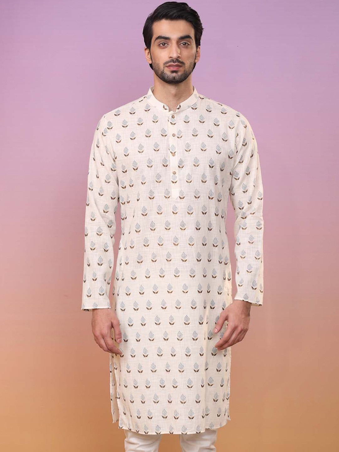 

KISAH Ethnic Motifs Printed Mandarin Collar Pure Cotton Kurta, Cream