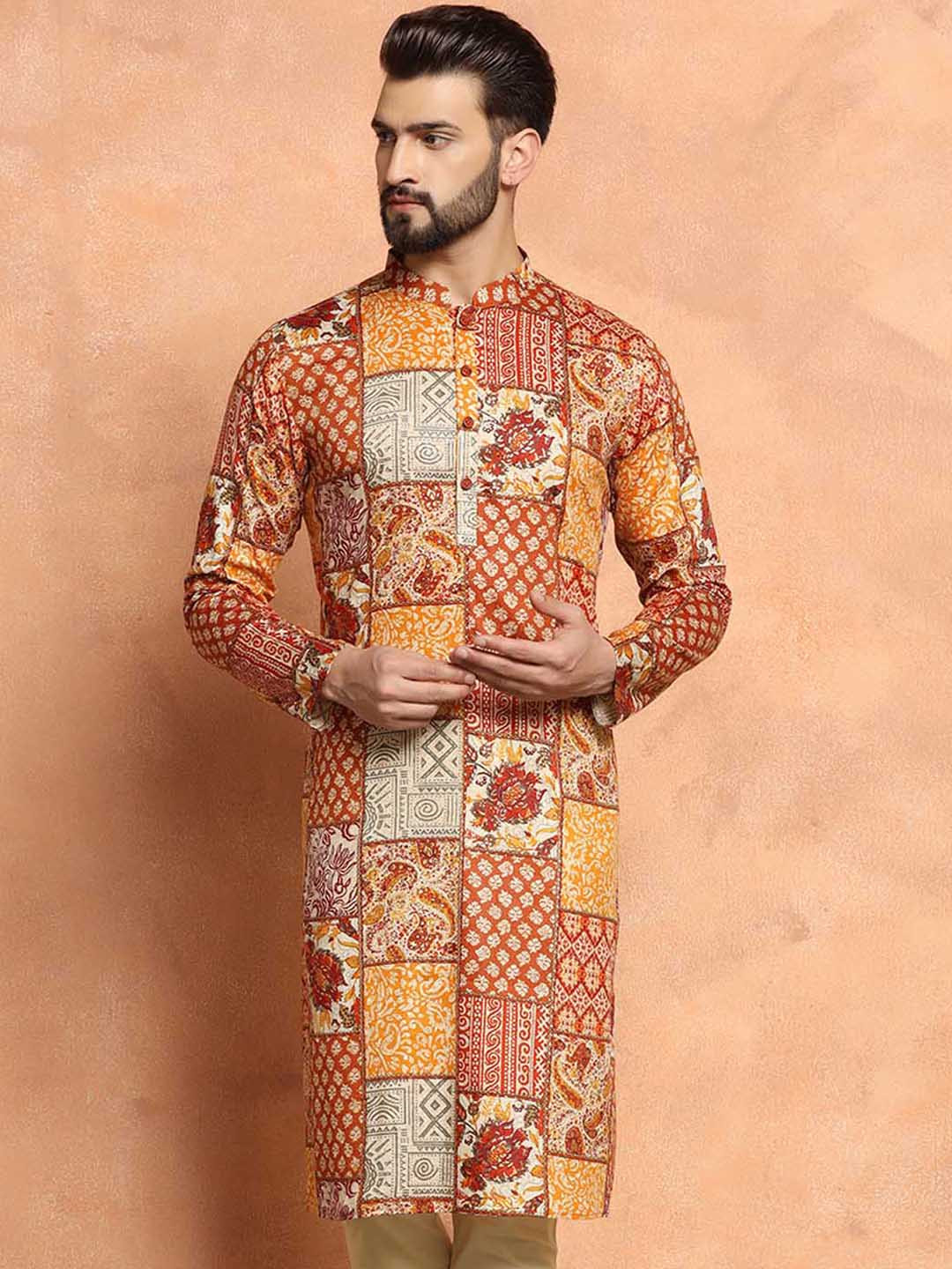 

KISAH Ethnic Motifs Printed Mandarin Collar Cotton Kurta, Mustard