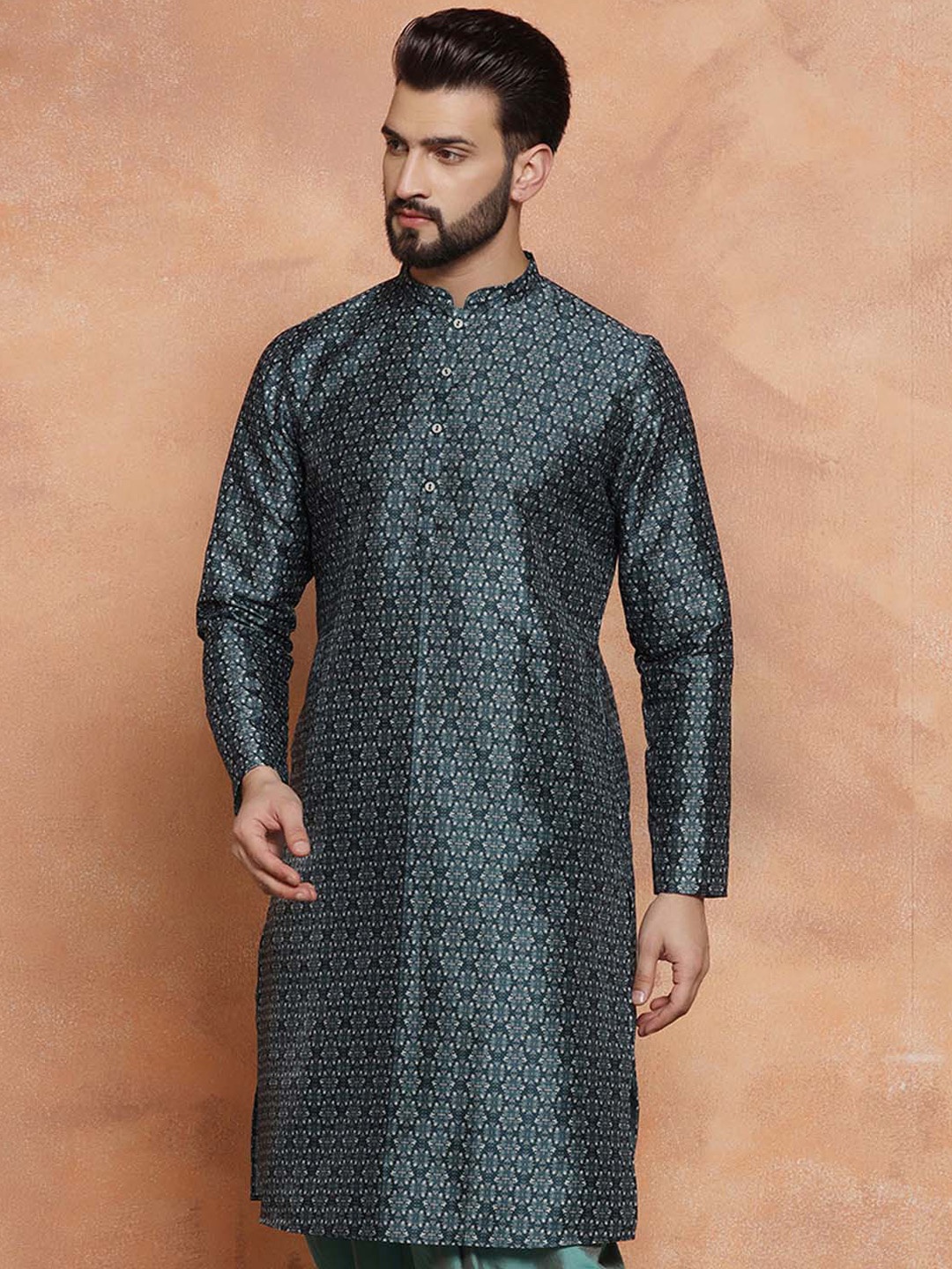 

KISAH Ethnic Motifs Woven Design Straight Cotton Silk Kurta, Green