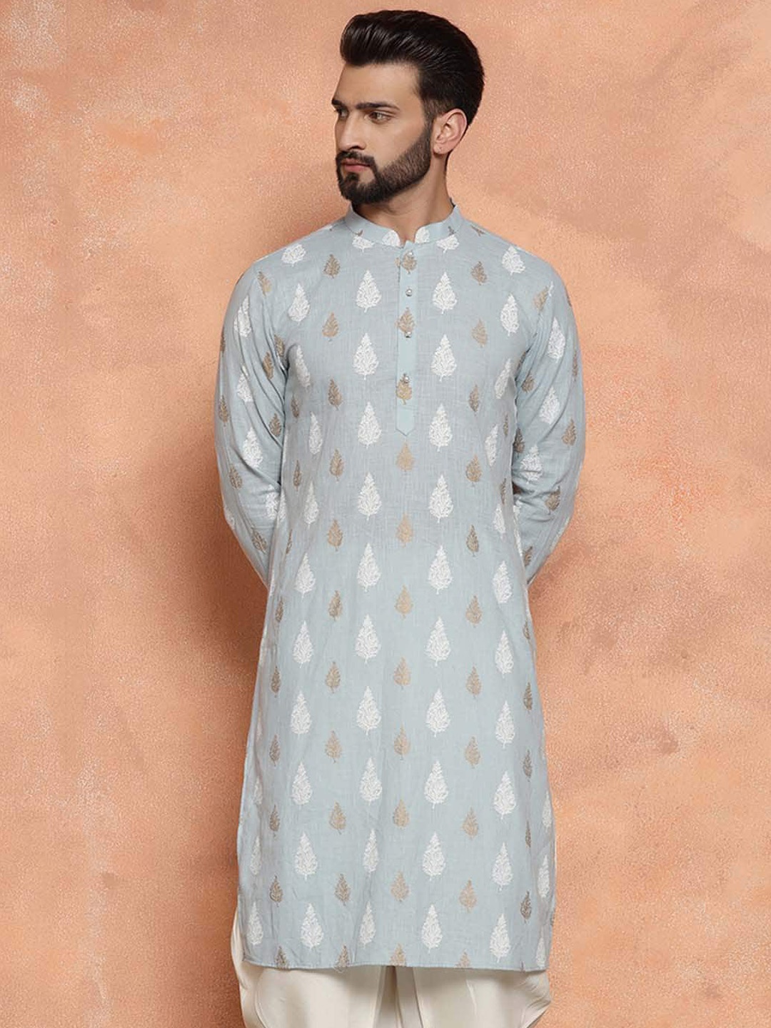 KISAH Ethnic Motifs Printed Mandarin Collar Cotton Straight Kurta, Blue