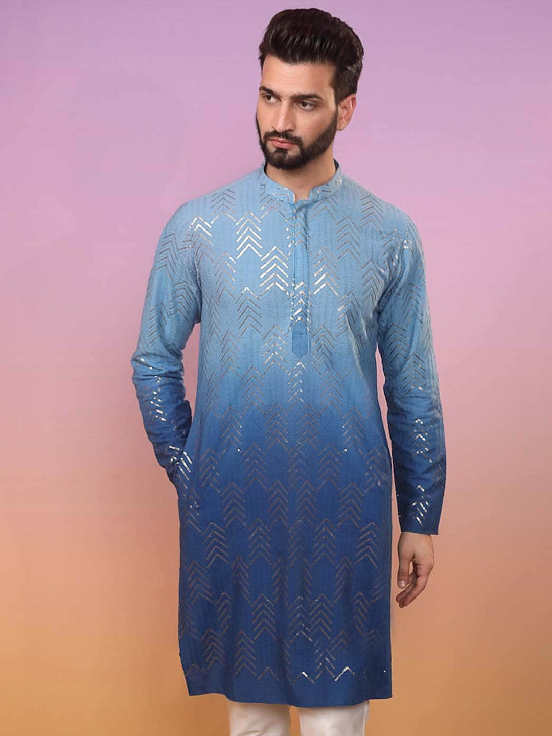 KISAH Men Ombre Regular Fit Sequinned Kurta, Navy blue