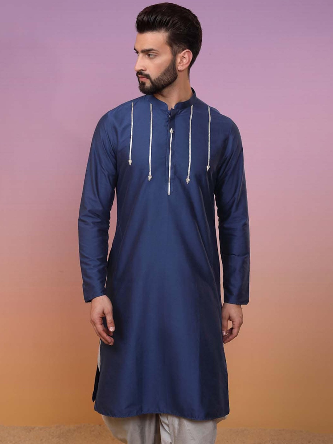 

KISAH Mandarin Collar Gotta Patti Straight Cotton Kurta, Navy blue