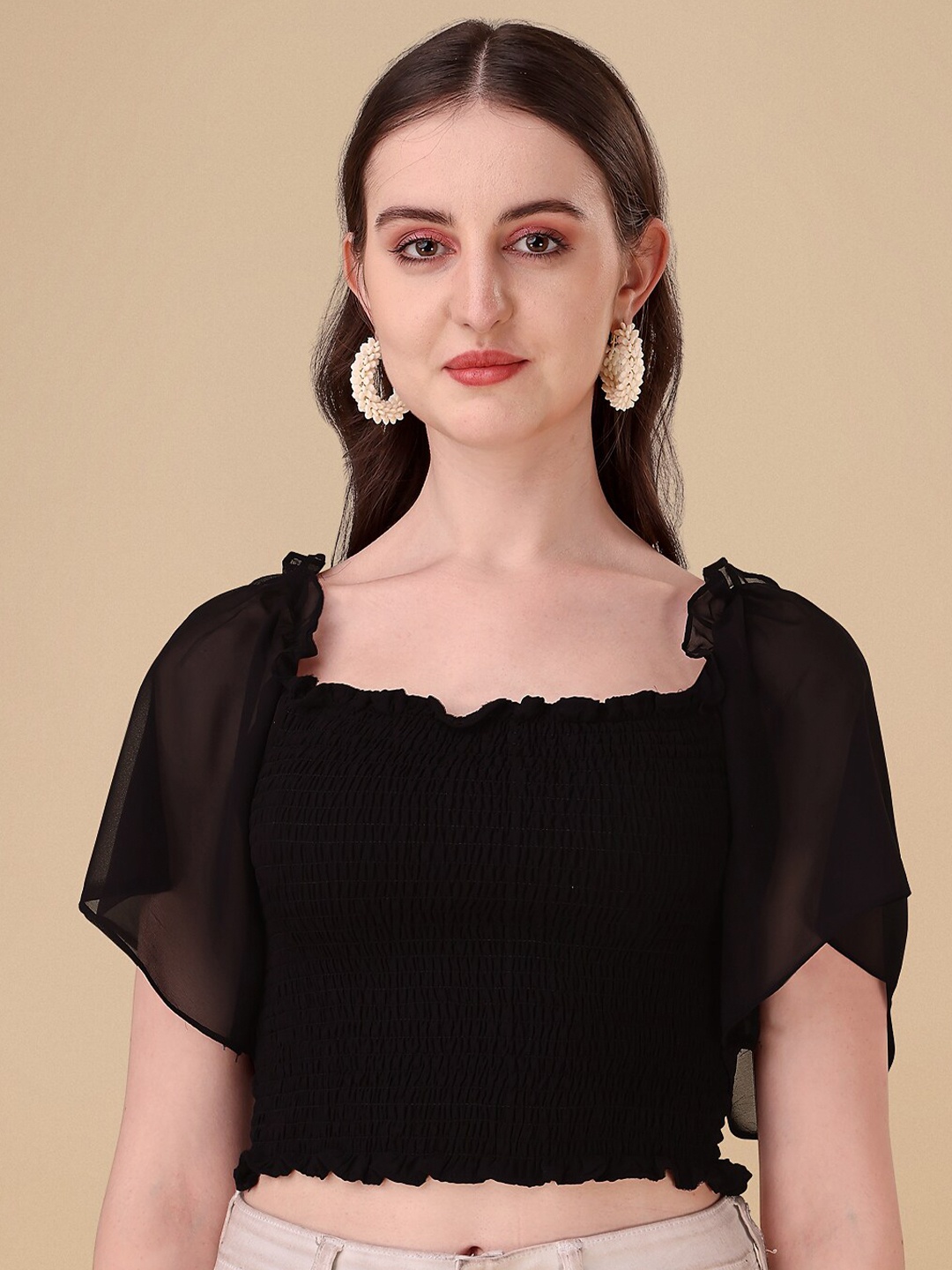 

eshami Smocked Georgette Crop Top, Black