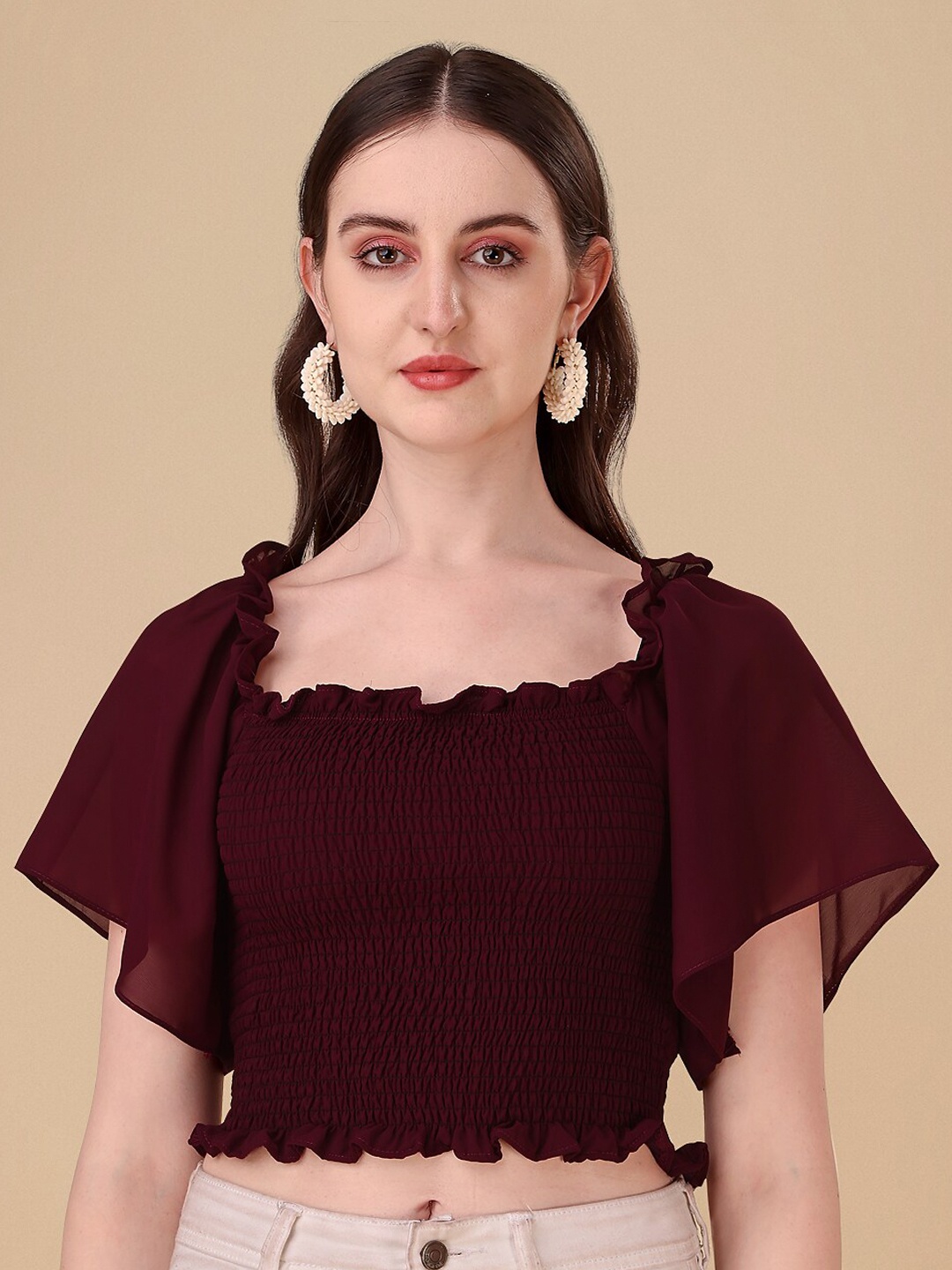 

eshami Square Neck Smocking Georgette Flared Sleeves Fitted Crop Top, Purple