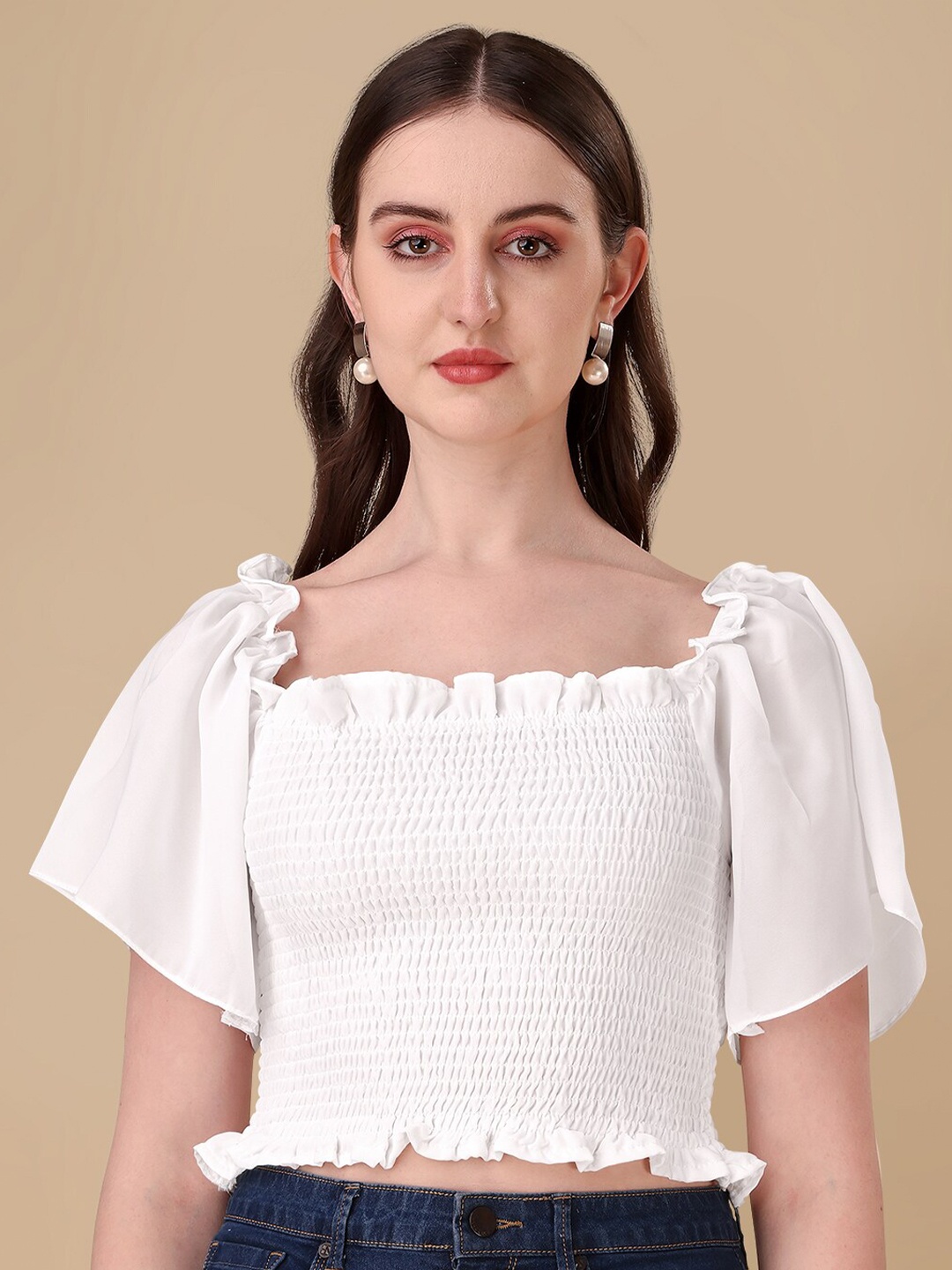 

eshami Square Neck Flared Sleeves Smocked Crop Top, White