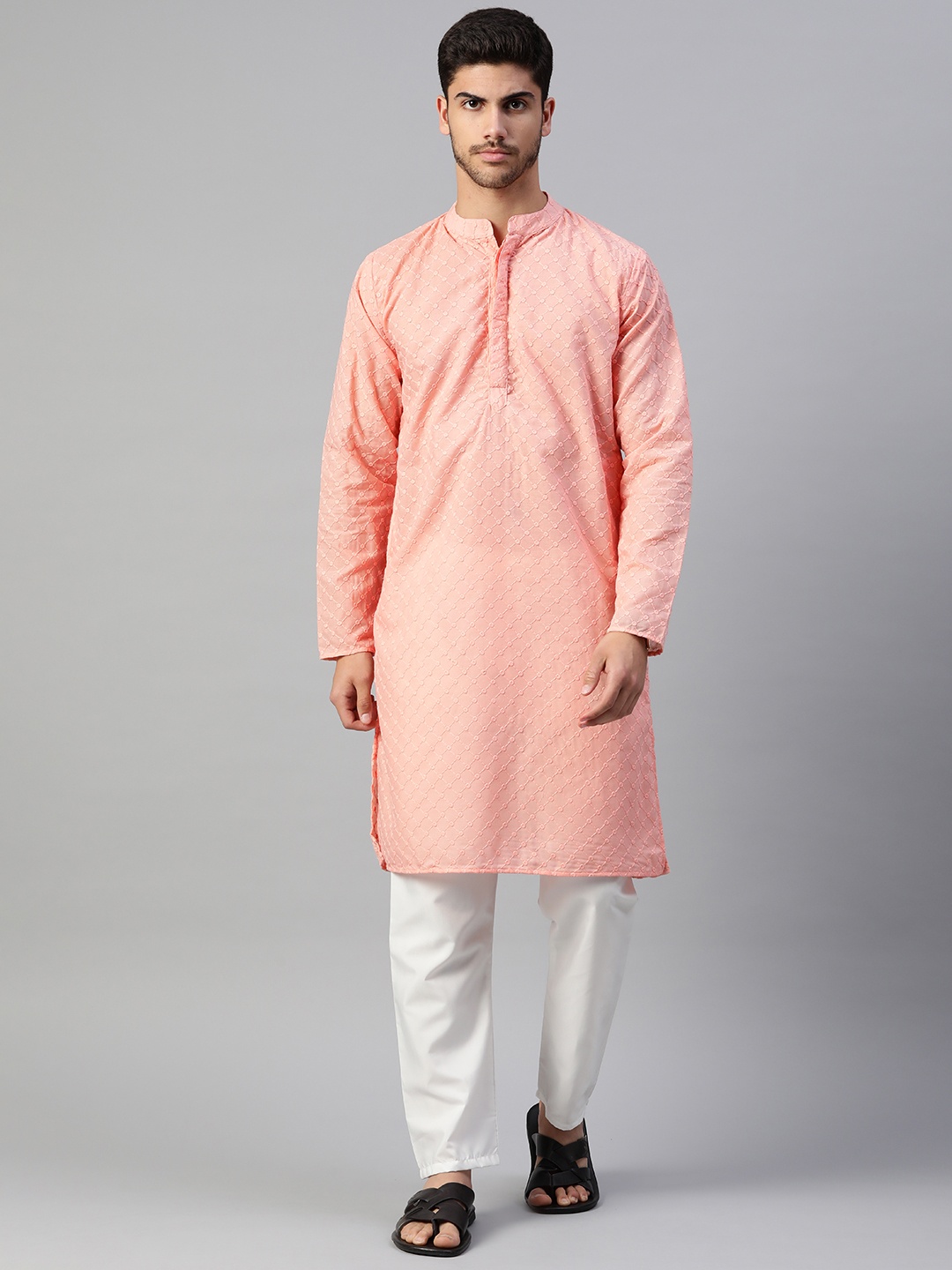 

Readiprint Fashions Embroidered Regular Thread Work Pure Cotton Kurta With Pyjamas, Peach