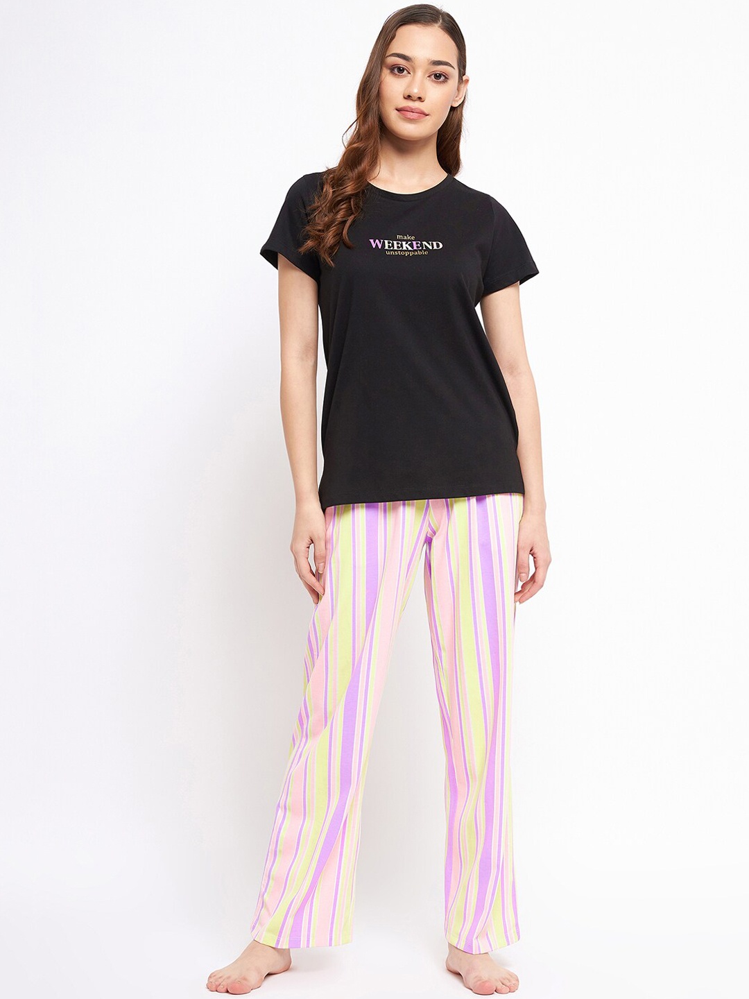 

MADAME M SECRET Typography Printed Night Suit, Black