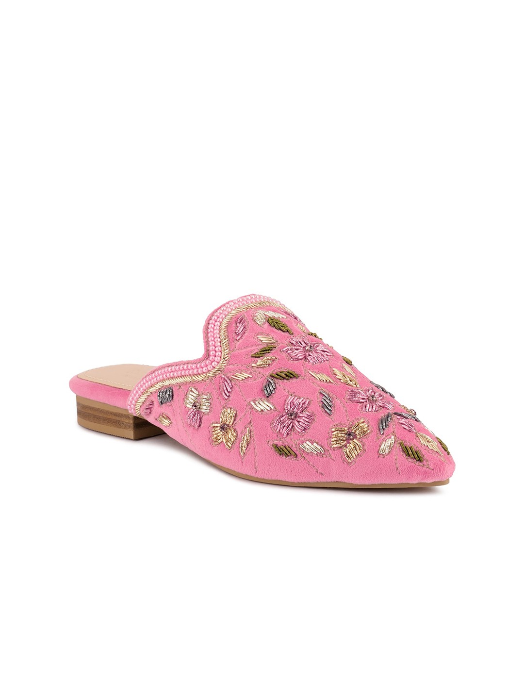 

RAG & CO Women Embellished Pointed Toe Velvet Mules, Pink
