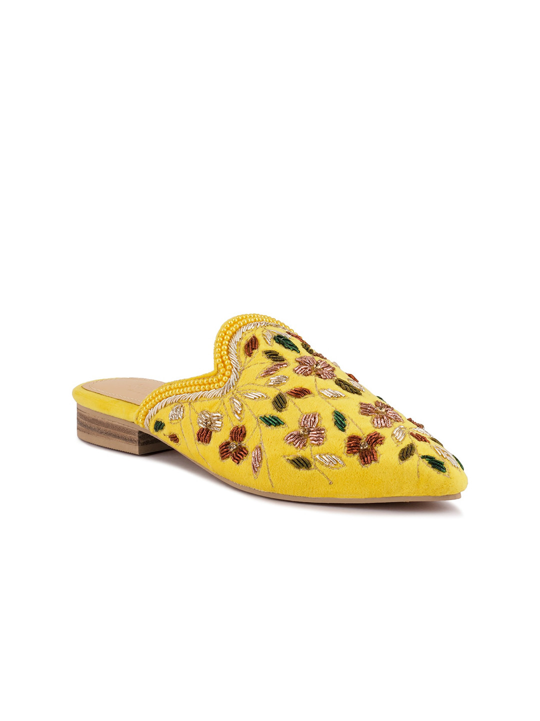 

RAG & CO Embroidered Velvet Mules, Yellow