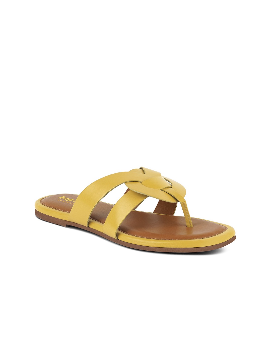 

RAG & CO Strappy Leather T-Strap Flats, Yellow