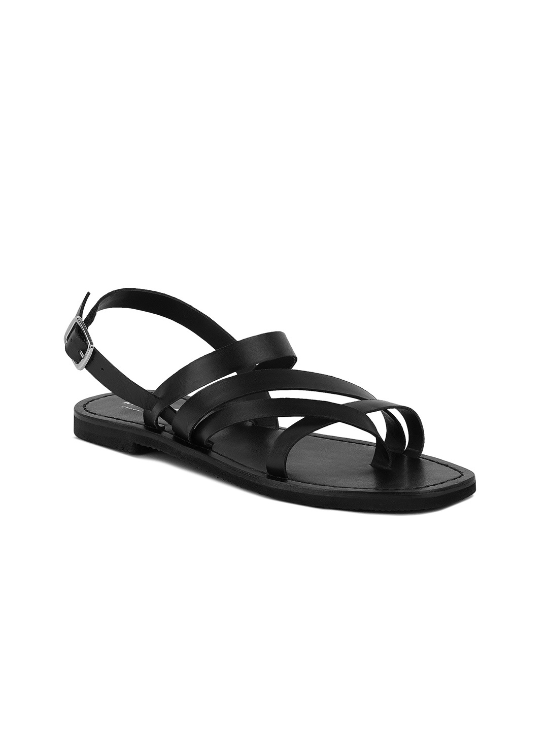 

RAG & CO Strappy Leather Open Toe Flats, Black