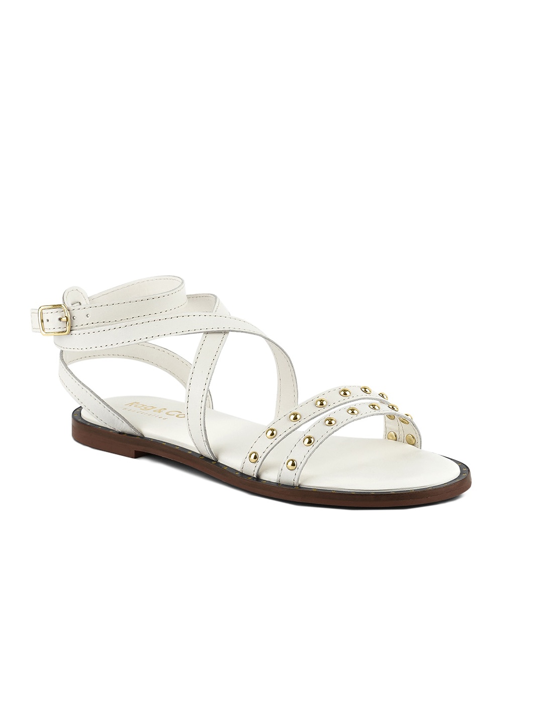 

RAG & CO Women Embellished Strappy Leather Open Toe Flats With Ankle Loop, Off white