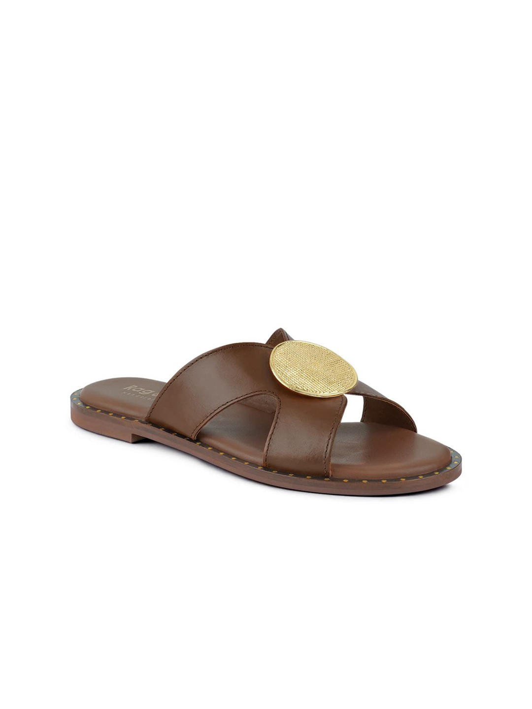 

RAG & CO Embellished Leather Open Toe Flats, Brown