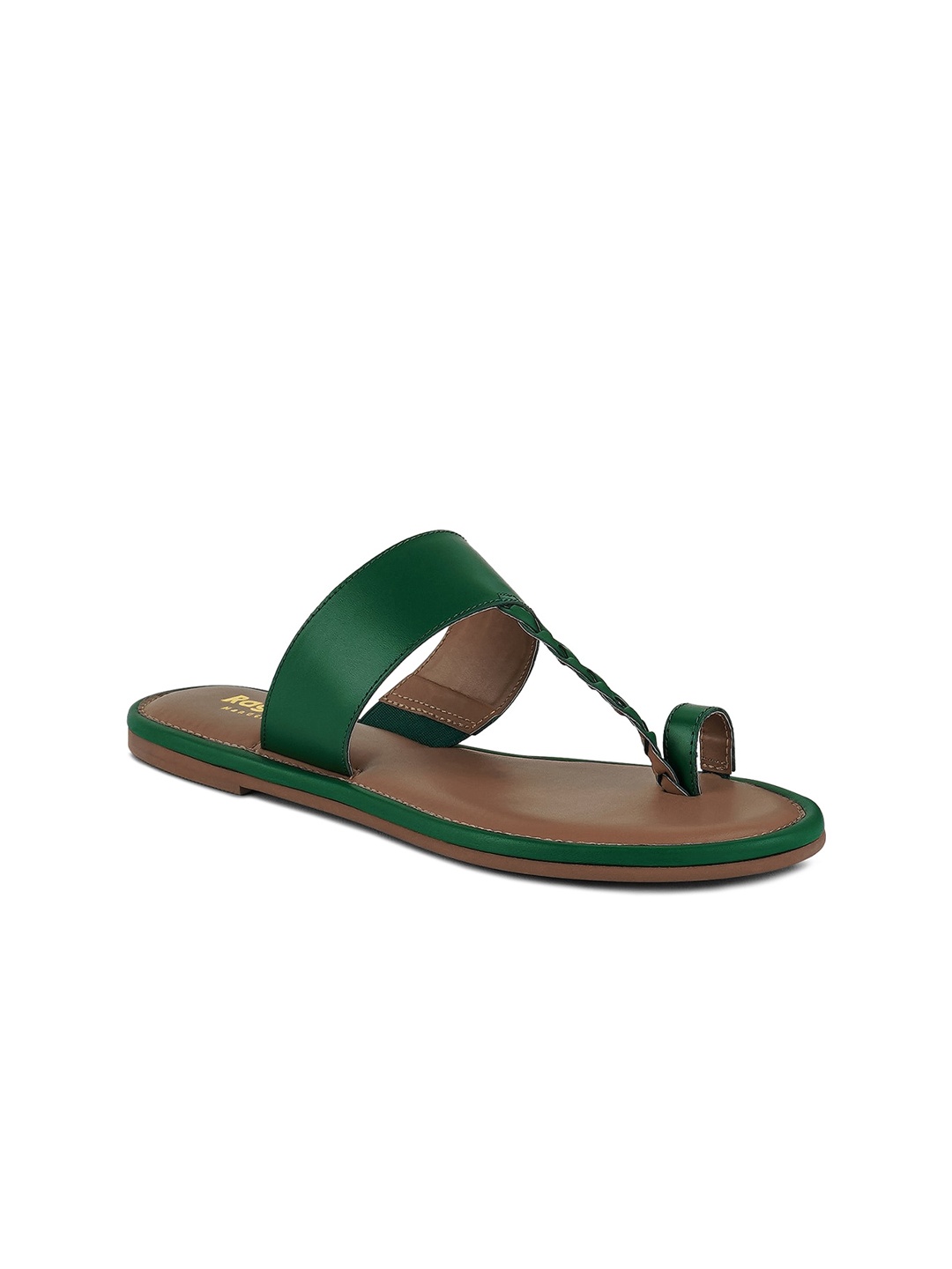 

RAG & CO Women Braided Leather Open One Toe Flats, Green