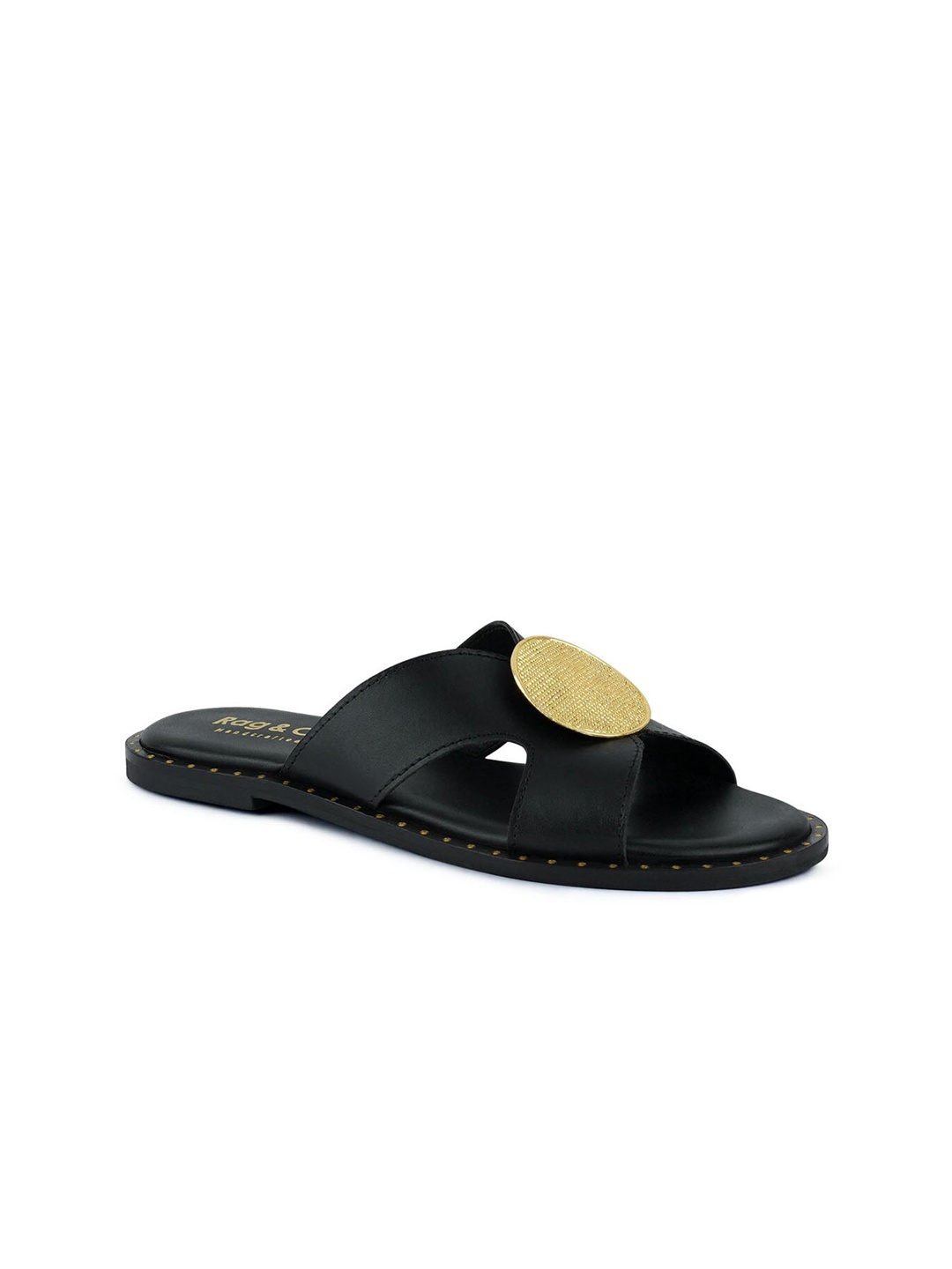 

RAG & CO Embellished Leather Open Toe Flats, Black