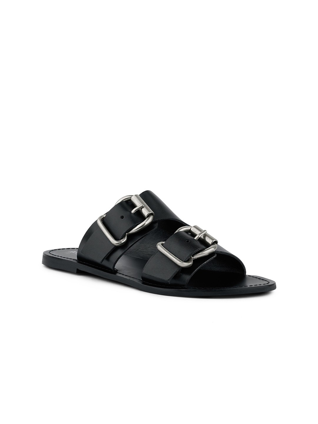 

RAG & CO Women Buckle Straps Leather Open Toe Flats, Black