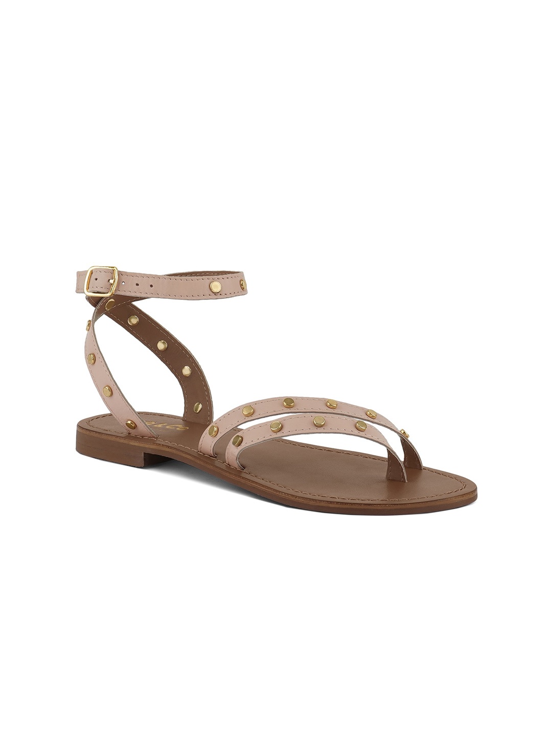 

RAG & CO Women Embellished Leather Open Toe Flats With Ankle Loop, Beige