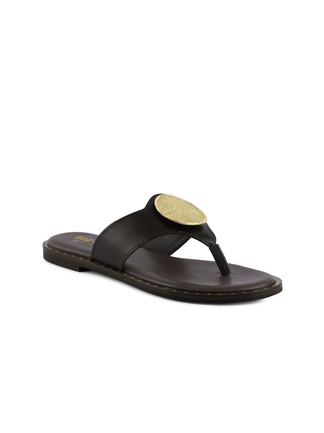 RAG & CO Embellished Leather T-Strap Flats, Brown