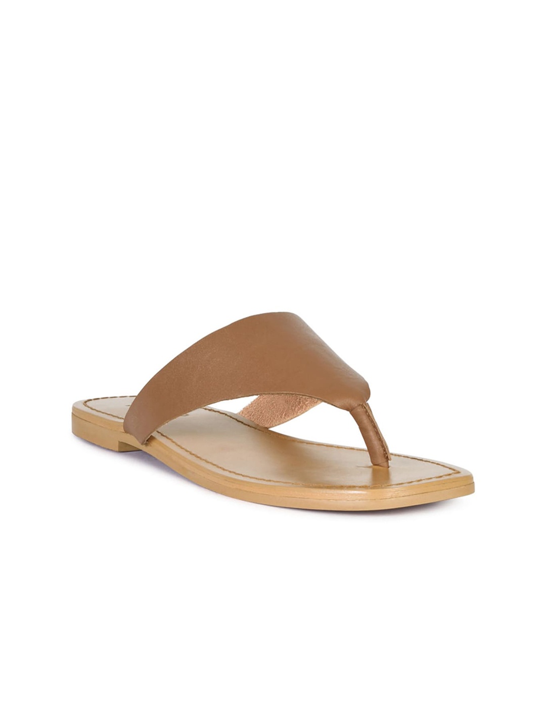 RAG & CO Leather T-Strap Flats, Tan