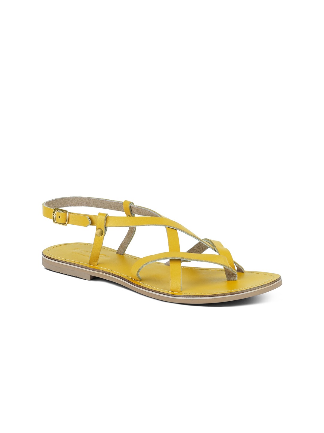 

RAG & CO Women Strappy Leather Open Toe Flats, Yellow