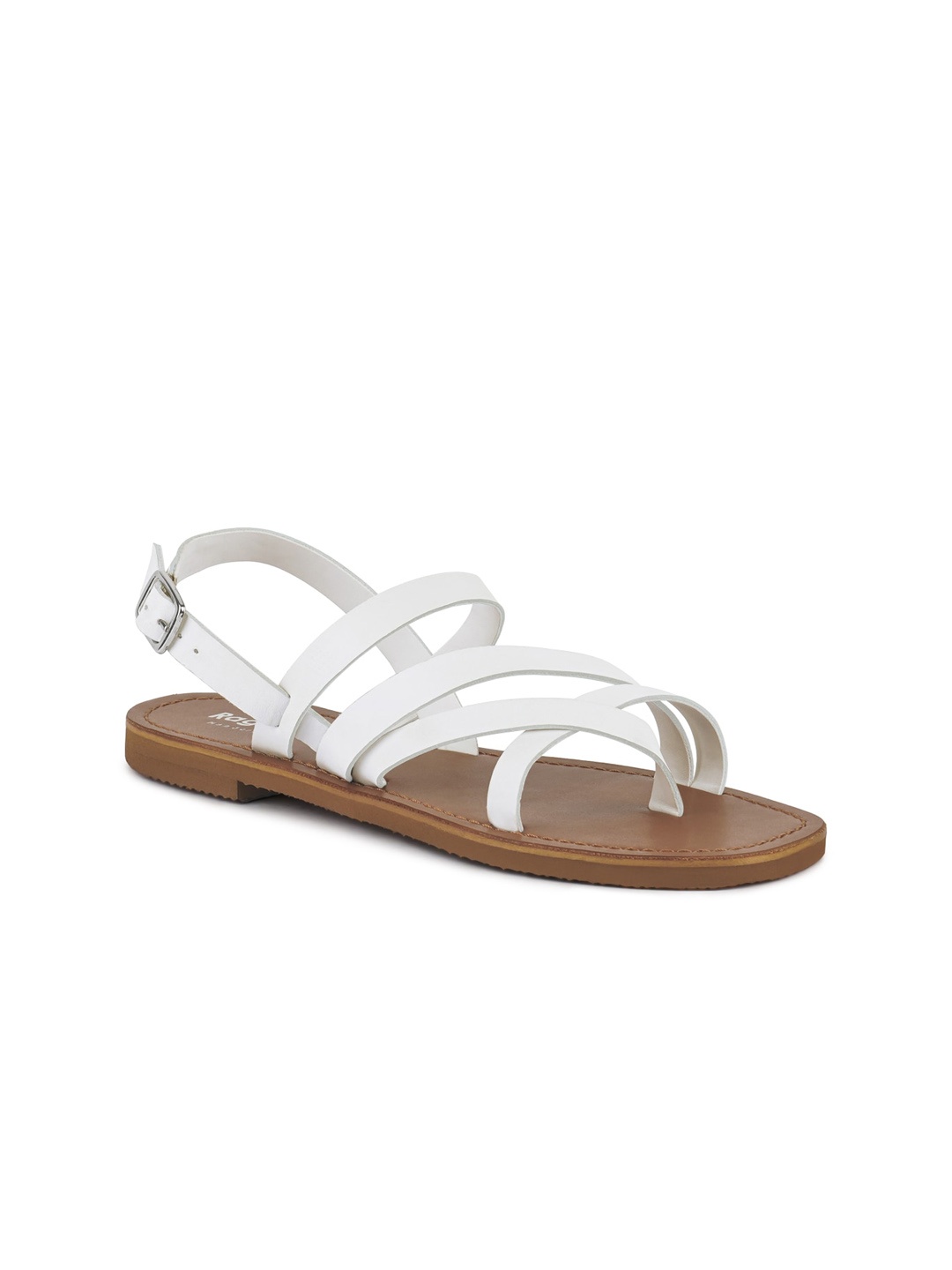 

RAG & CO Women Strappy Leather Open Toe Flats With Buckles, White