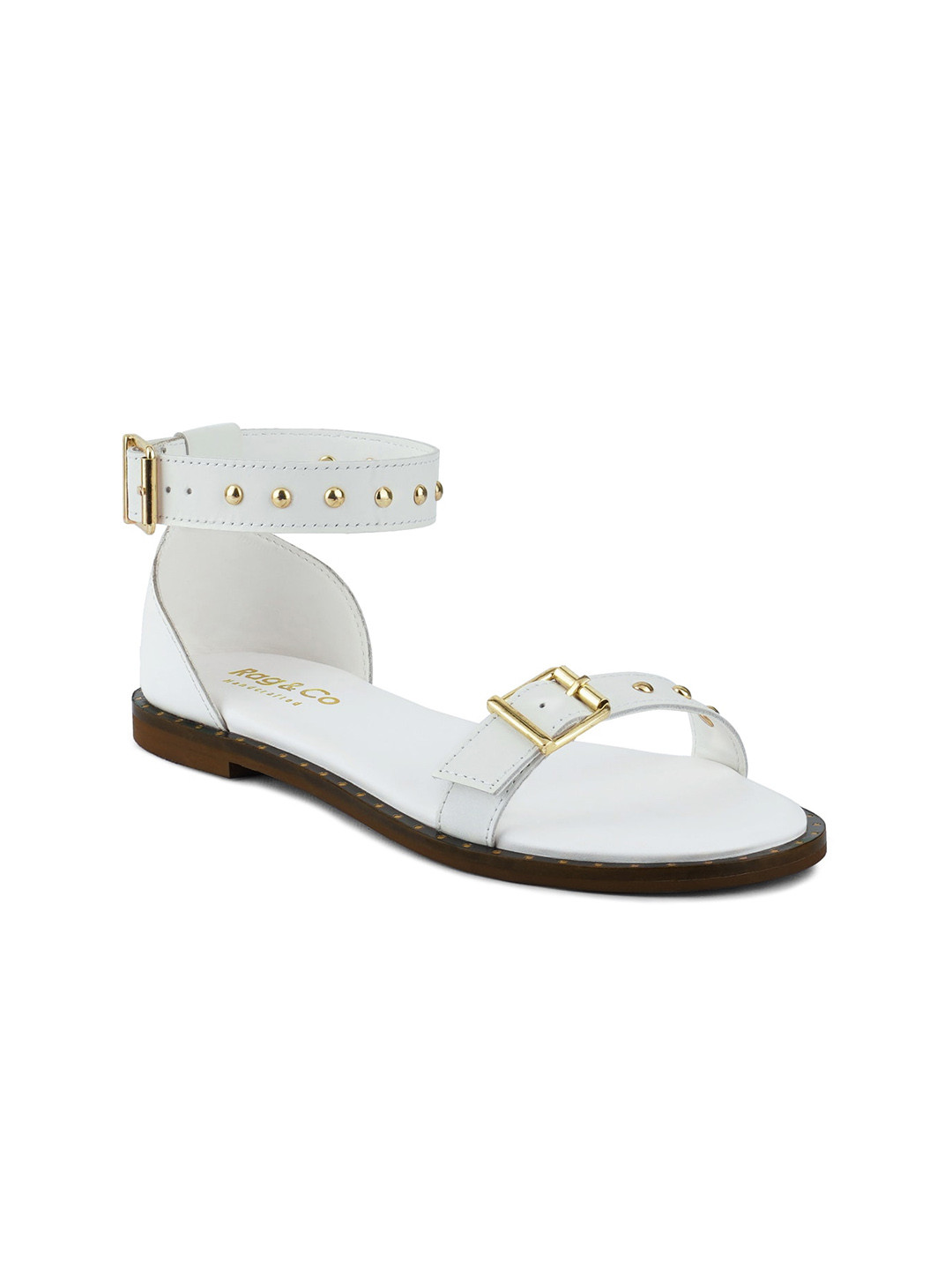 

RAG & CO Women Leather Open Toe Flats With Buckles, White