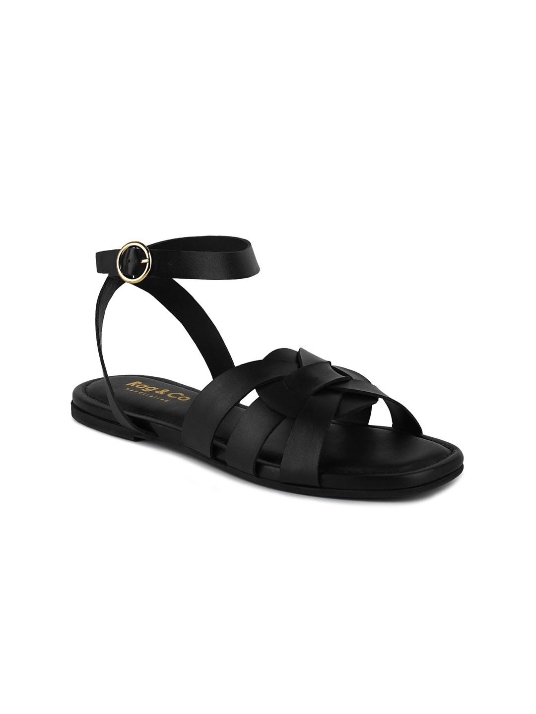 

RAG & CO Women Leather Open Toe Flats With Ankle Loop, Black