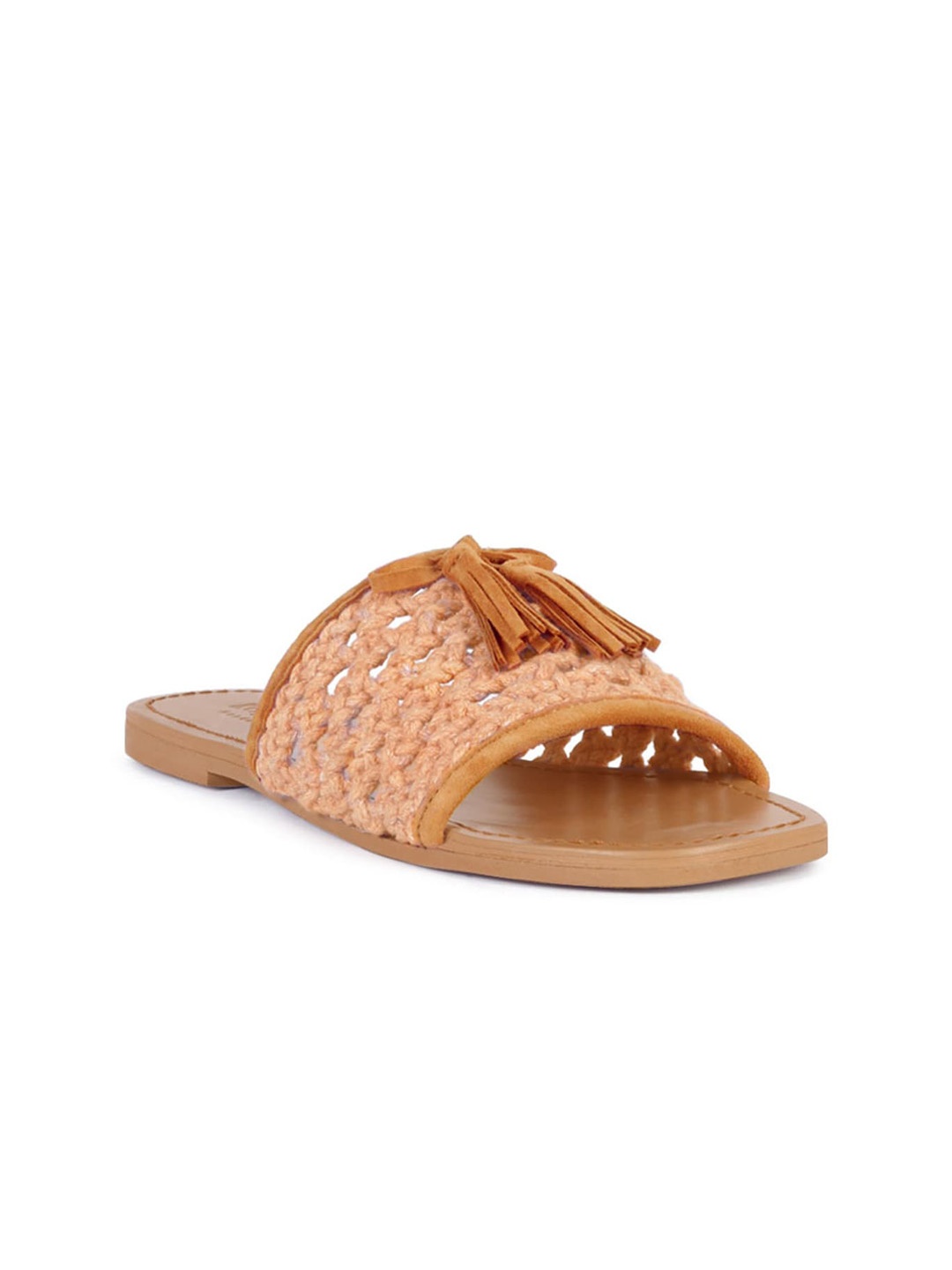 

RAG & CO Women Tassels Fabric Open Toe Casual Flats, Tan