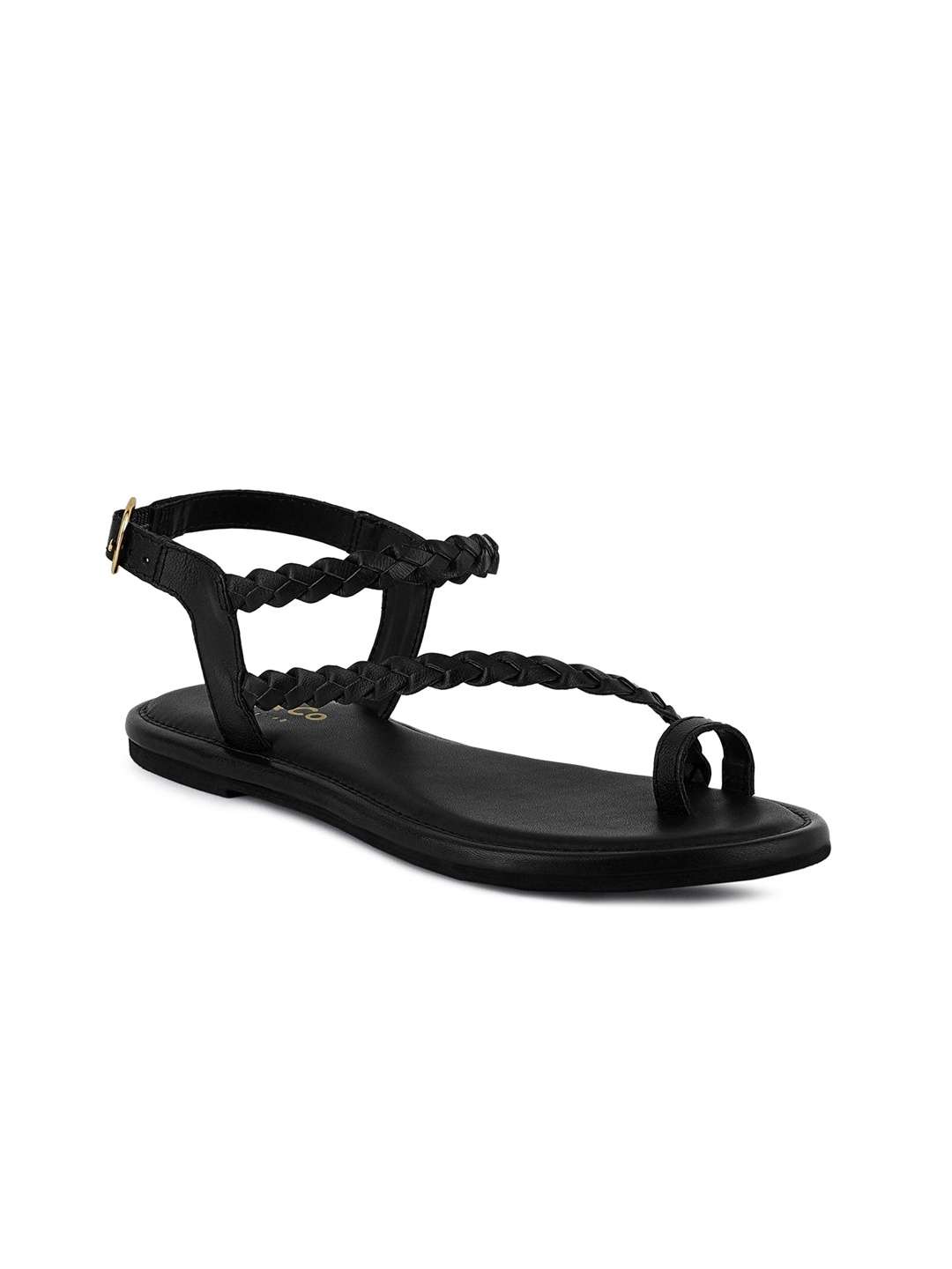 

RAG & CO Women Braided Leather One Toe Flats With Ankle Loop, Black