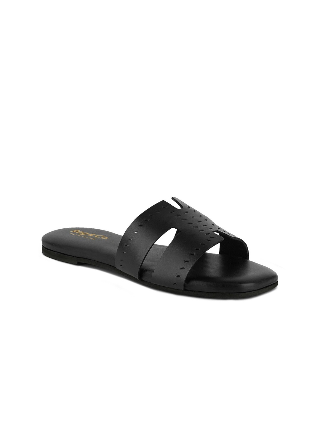 

RAG & CO Laser Cuts Leather Open Toe Flats, Black