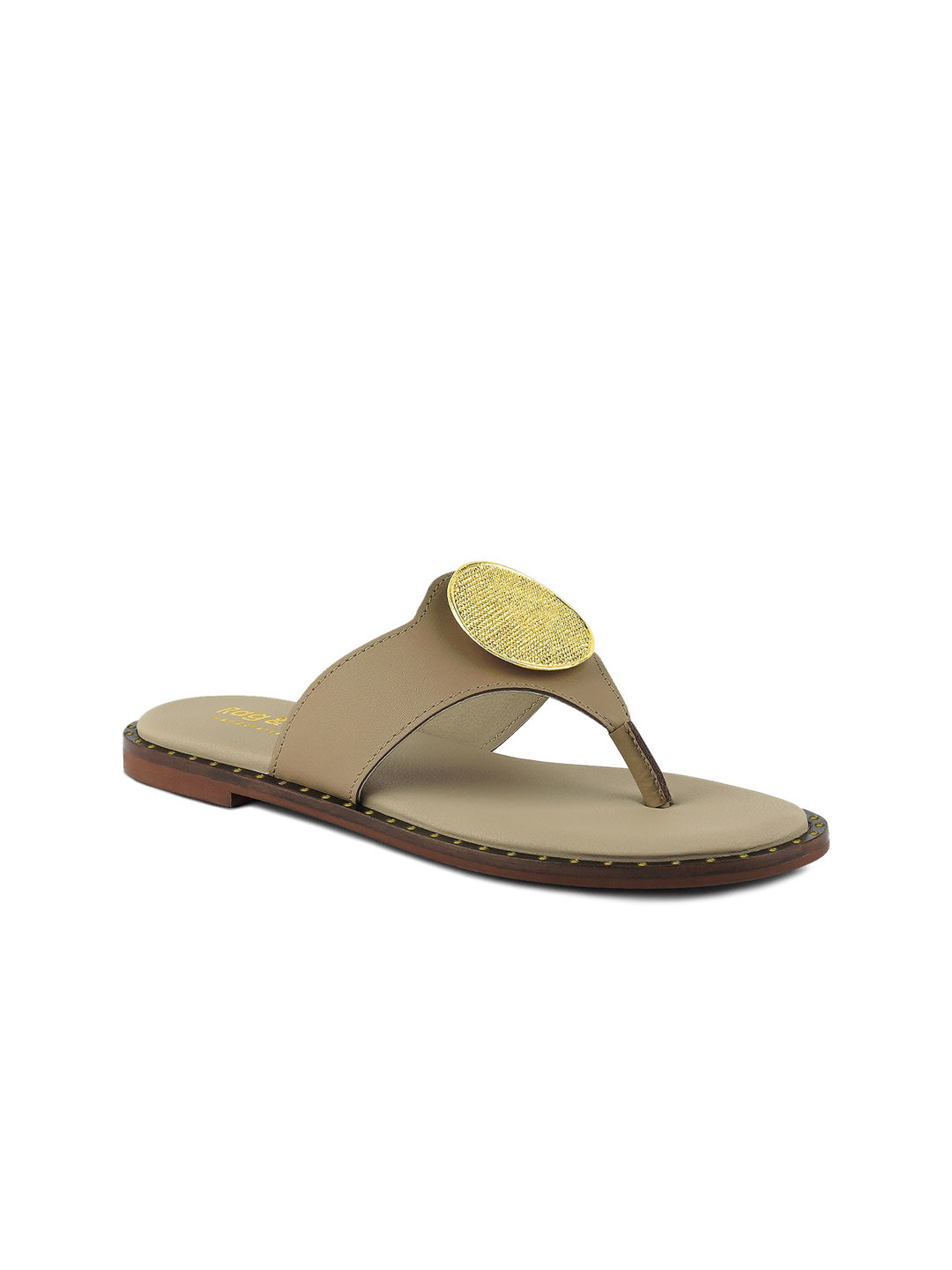 

RAG & CO Women Embellished Open Toe Leather T-Strap Flats, Beige