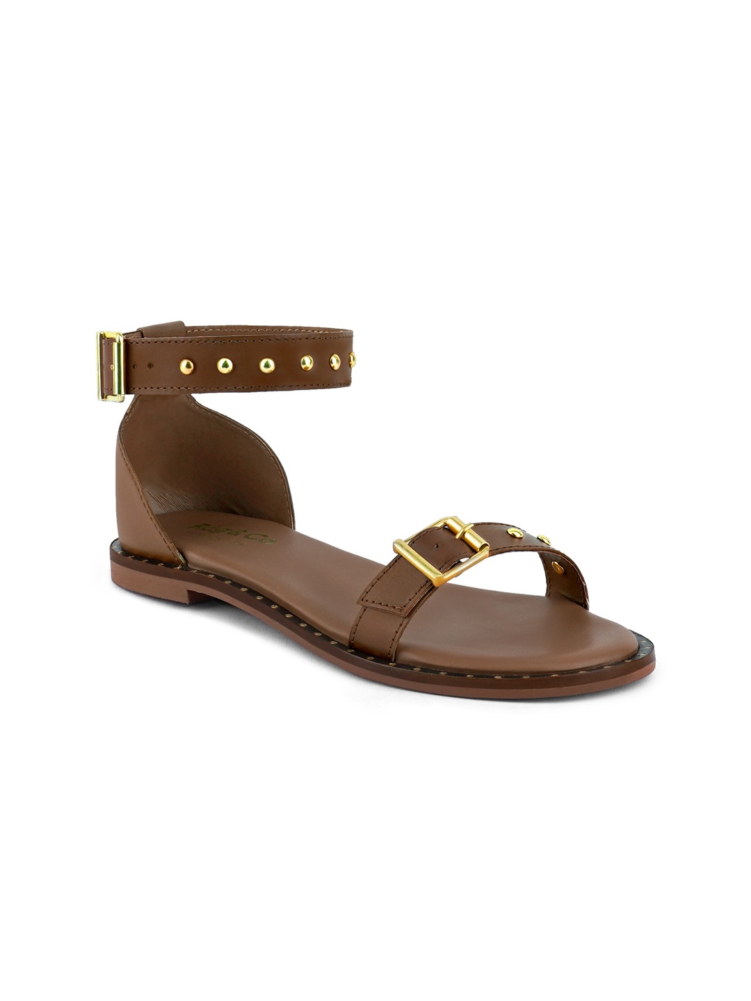 

RAG & CO Women Leather Open Toe Flats With Buckle, Tan