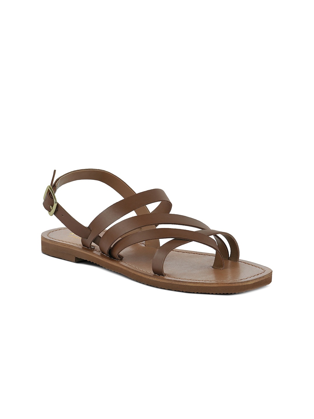 

RAG & CO Women Strappy Leather Open Toe Flats With Buckles, Tan