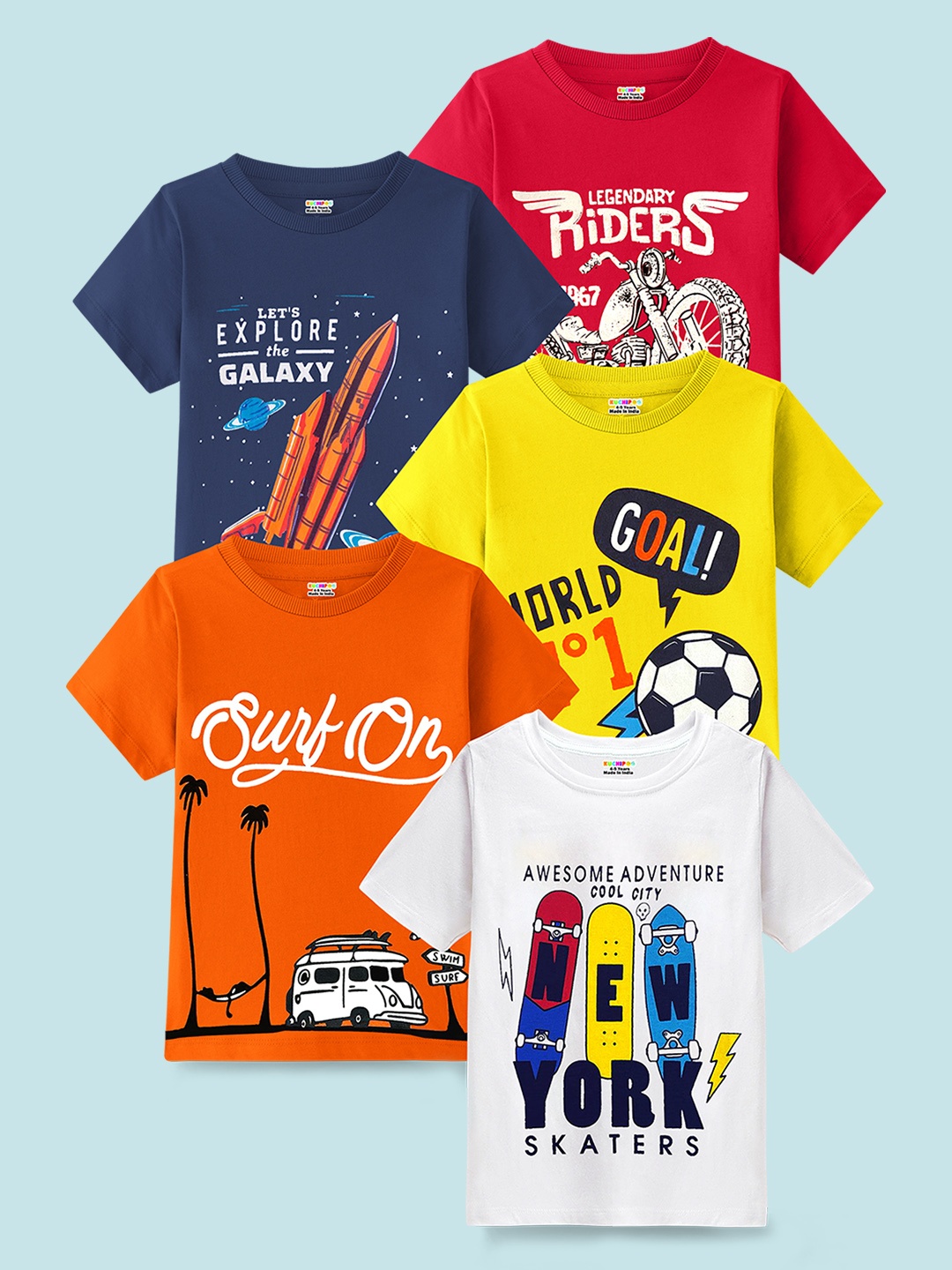

KUCHIPOO Boys Pack Of 5 Typography Printed T-shirt, Orange