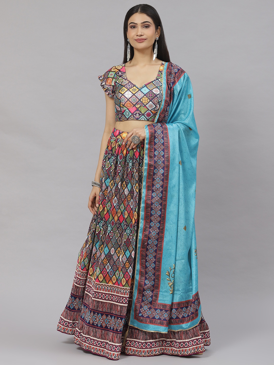 

Readiprint Fashions Printed Unstitched Lehenga & Blouse With Dupatta, Blue