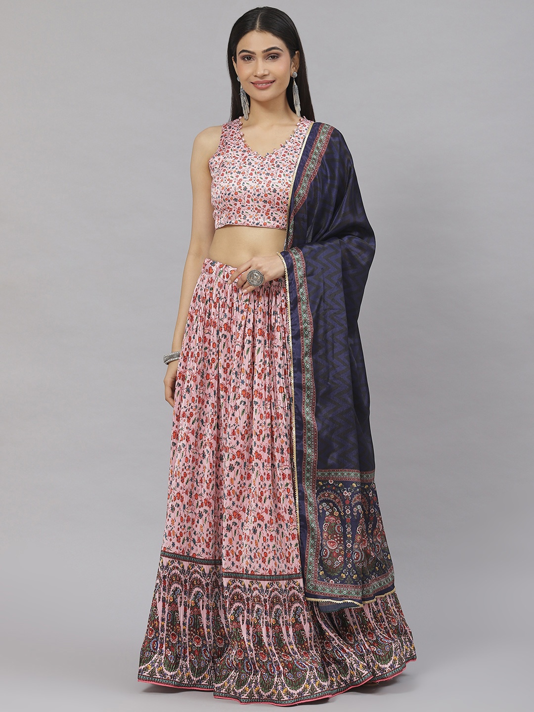 

Readiprint Fashions Printed Unstitched Lehenga & Blouse With Dupatta, Pink
