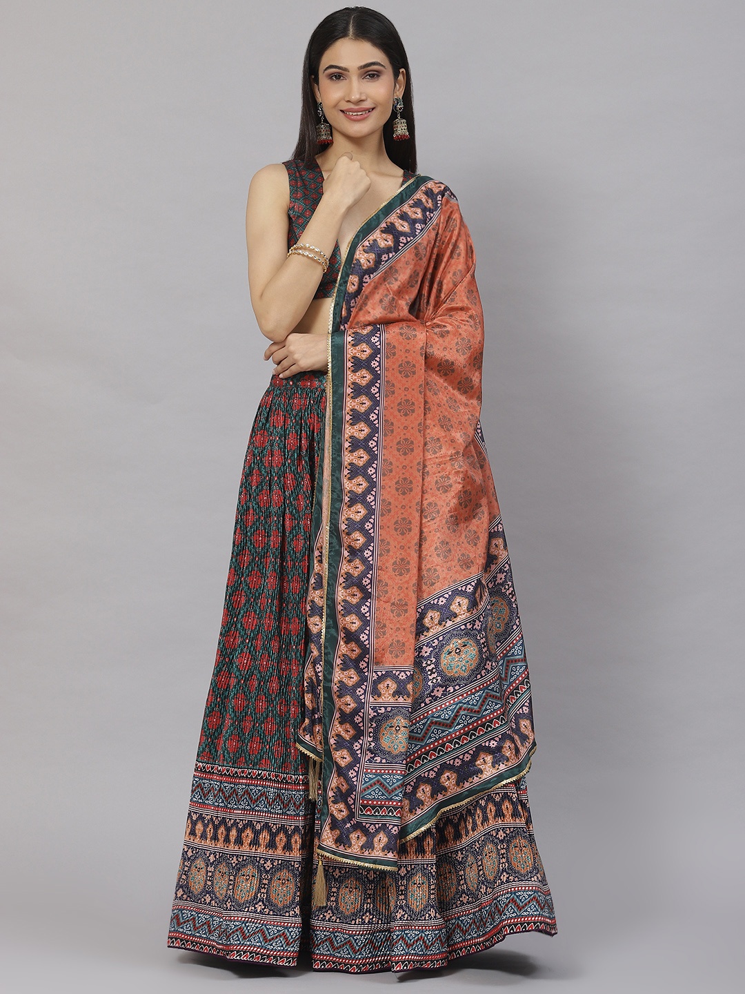

Readiprint Fashions Printed Unstitched Lehenga & Blouse With Dupatta, Green
