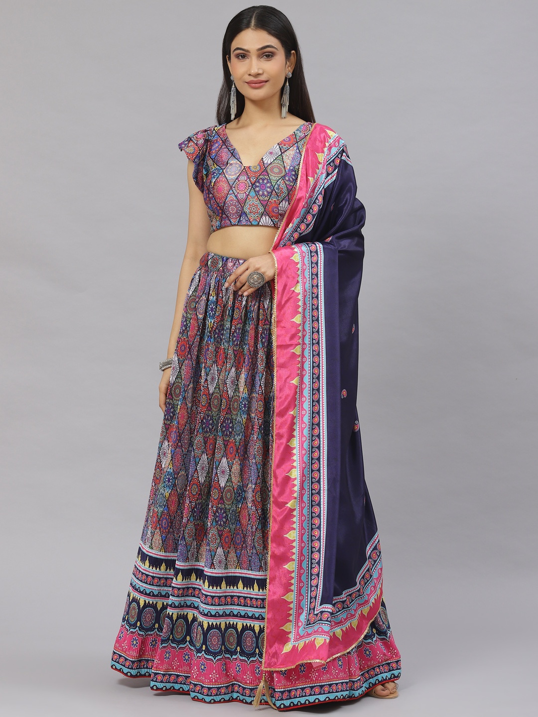 

Readiprint Fashions Printed Unstitched Lehenga & Blouse With Dupatta, Navy blue